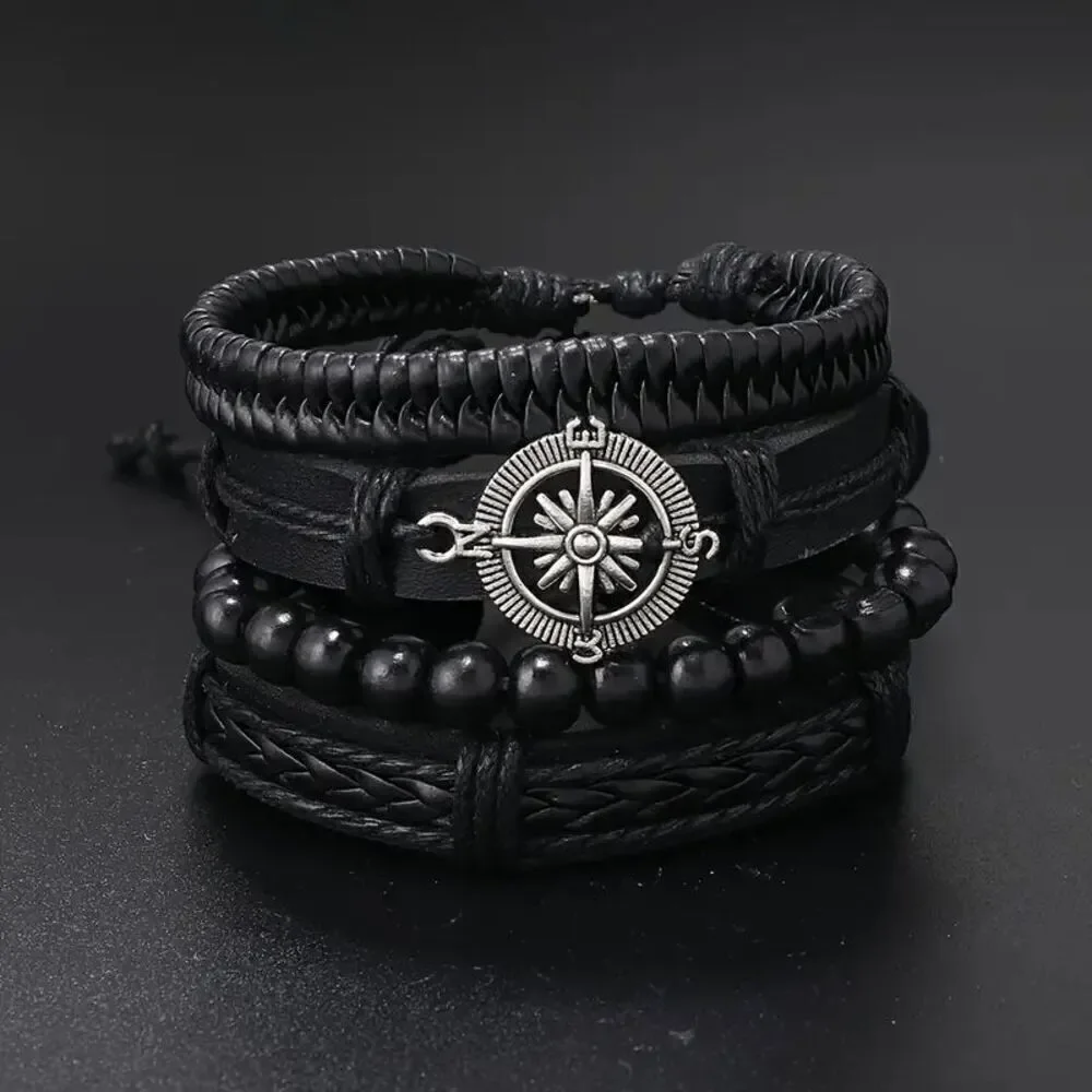 Black Leather Compass Bead Bracelet Set - 4 Piece Set